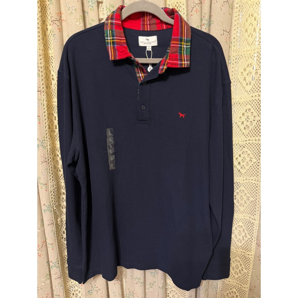 Simply Southern Navy Plaid Collar Long Sleeve Polo Shirt Mens Large NWT